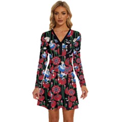 Alice In Wonderland Flower Long Sleeve Deep V Mini Dress 
