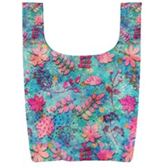 Pink On Blue Leaves Foldable Shopping Bag