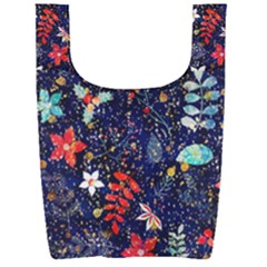 Festive Floral Pattern Christmas Blue Floral Flower Foliage Leaves Pattern Red Snow Winter Foldable Shopping Bag