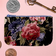 Retro Texture With Flowers, Black Background With Flowers Large Coin Purse